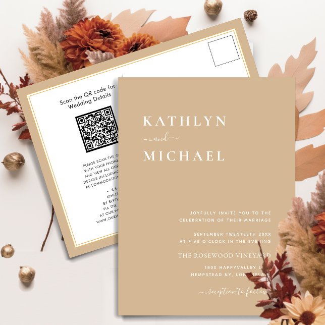 Beige QR Code All In One Modern Minimalist Wedding Invitation Postcard (Creator Uploaded)