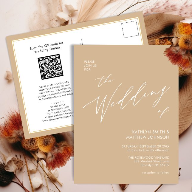 Beige QR Code All In One Modern Script Wedding Invitation Postcard (Creator Uploaded)