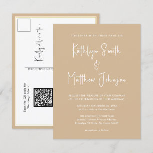 Beige QR Code All In One Modern Script Wedding Invitation Postcard