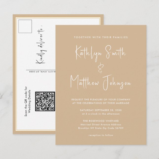 Beige QR Code All In One Modern Script Wedding Invitation Postcard (Front/Back)