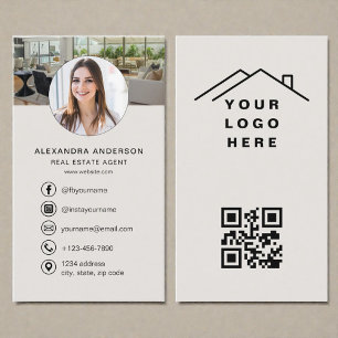 Beige QR Code Real Estate Agent Photo Logo Business Card