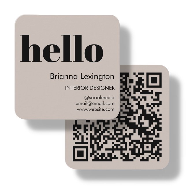 Beige | QR Code Social Media Hello Square Business Card (Creator Uploaded)
