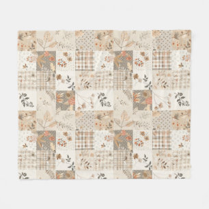 Beige Quilt Patchwork Gingham Cottagecore Floral Fleece Blanket