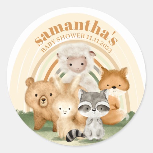 Beige Rainbow Animal Lamb Sheep Family Baby Shower Classic Round Sticker