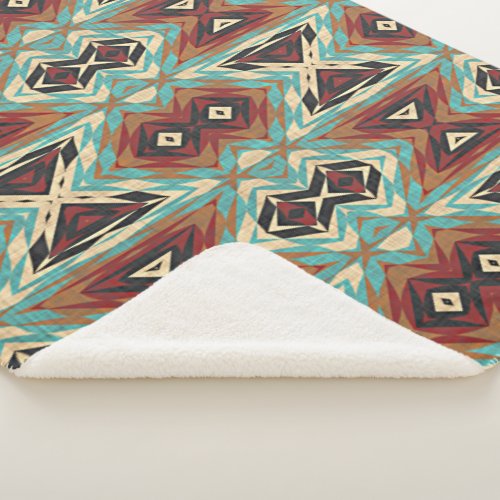 Beige Red Brown Aqua Blue Green Black Tribal Art Sherpa Blanket