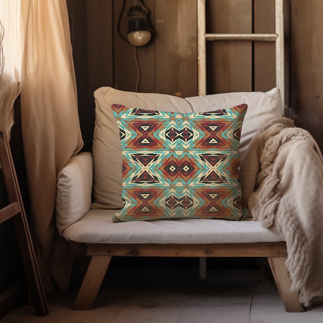 Beige Red Brown Aqua Blue Green Black Tribal Art Throw Pillow (Creator Uploaded)