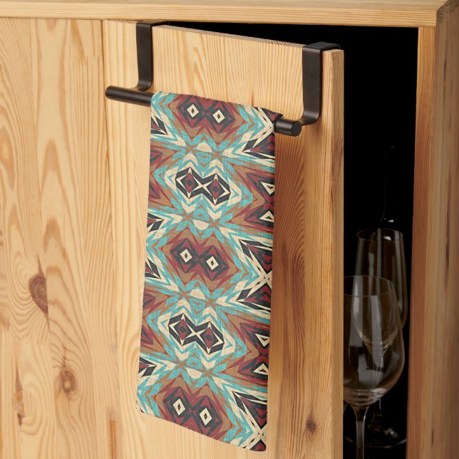 Beige Red Brown Aqua Blue Green Black Tribal Art Towel (Thirds Fold)