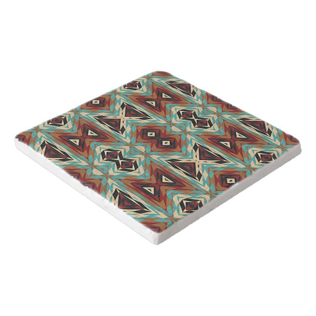 Beige Red Brown Aqua Blue Green Black Tribal Art Trivet (Corner)