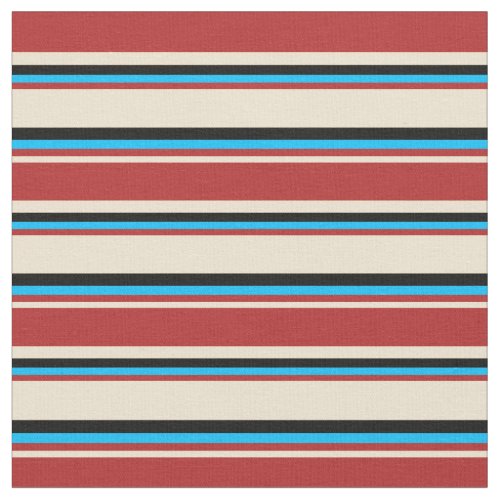 Beige Red Deep Sky Blue  Black Stripes Fabric