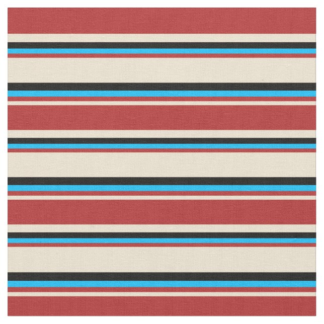 Beige, Red, Deep Sky Blue & Black Stripes Fabric (Close Up)