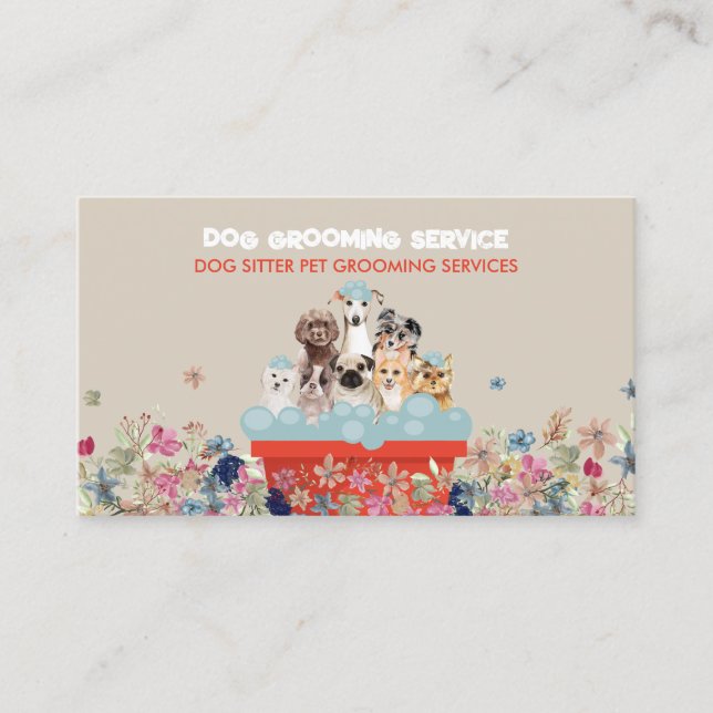 Beige Red Dog Grooming Bath Bed Floral Business Card (Front)