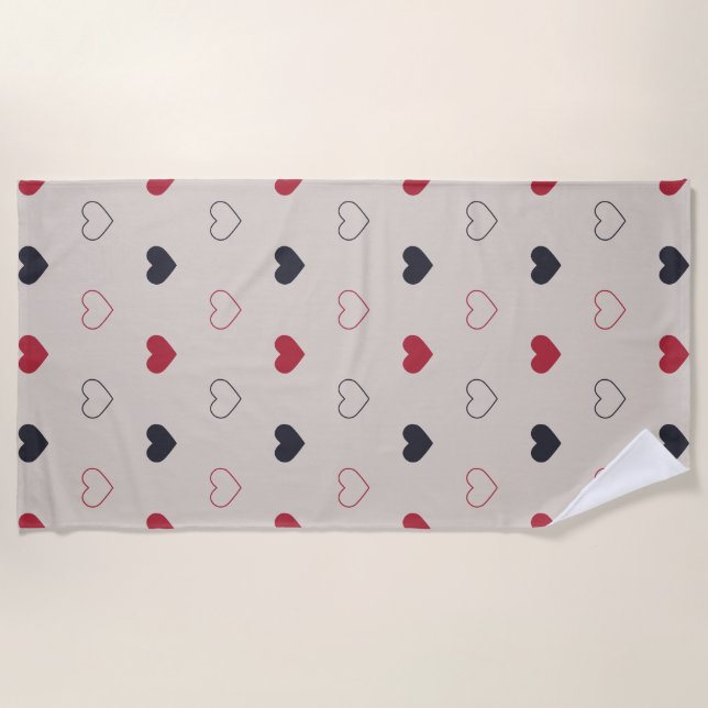 Beige & red Heart Seamless Pattern Cute Minimal Beach Towel (Front)