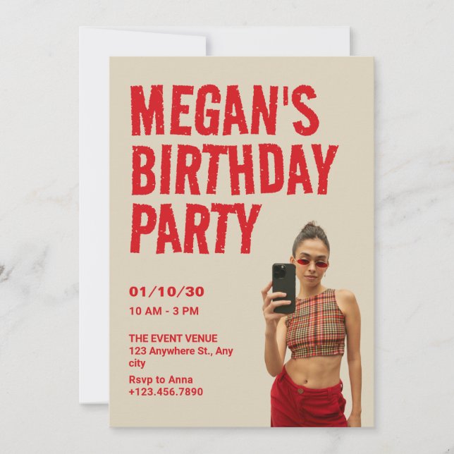 Beige red photo birthday invitation (Front)