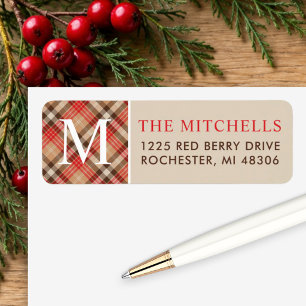 Beige Red Tartan Monogram Christmas Return Address Label