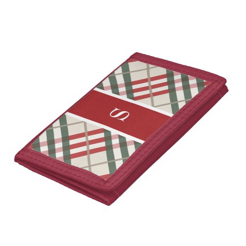 Beige Red Tartan Plaid Monogram Trifold Wallet