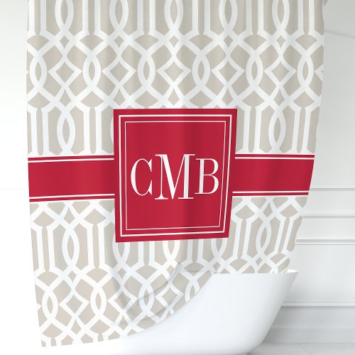 Beige &Amp;Amp; Red Trellis Monogram Shower Curtain