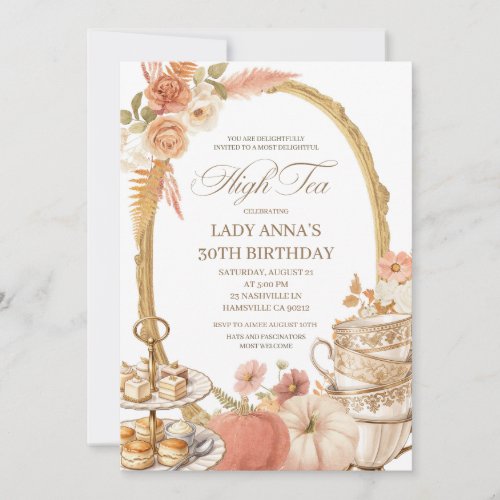 Beige Regency Fall Pumpkin Birthday Tea Party Invitation