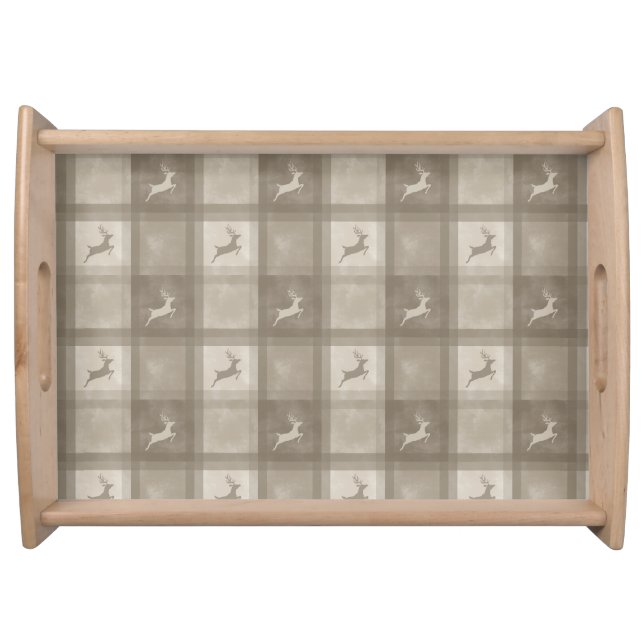 Beige Reindeer Plaid Pattern Stylish Christmas Serving Tray (Front)