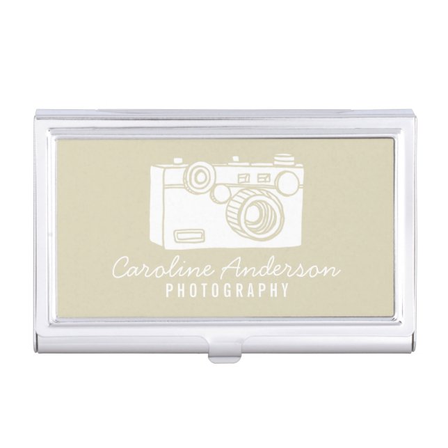 Beige Retro Camera Photographer Business Card Holder (Front)