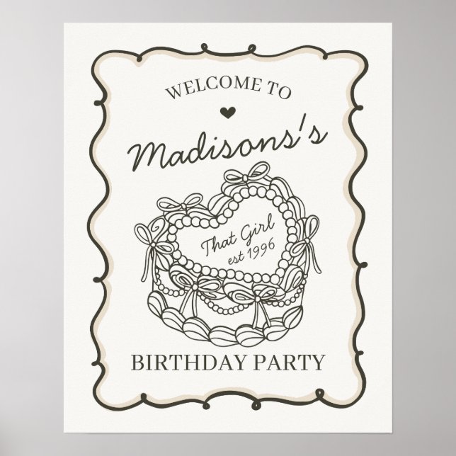 Beige Retro Heart Coquette Cake Birthday Welcome Poster (Front)