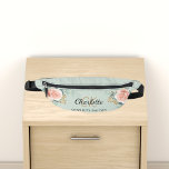 Beige rose gold floral green name monogram fanny pack<br><div class="desc">A green colored background,  black and golden text. Decorated with watercolored rose gold roses,  eucalyptus greenery and golden sprigs. 
Personalize and add your first name,  monogram initials and full name.</div>