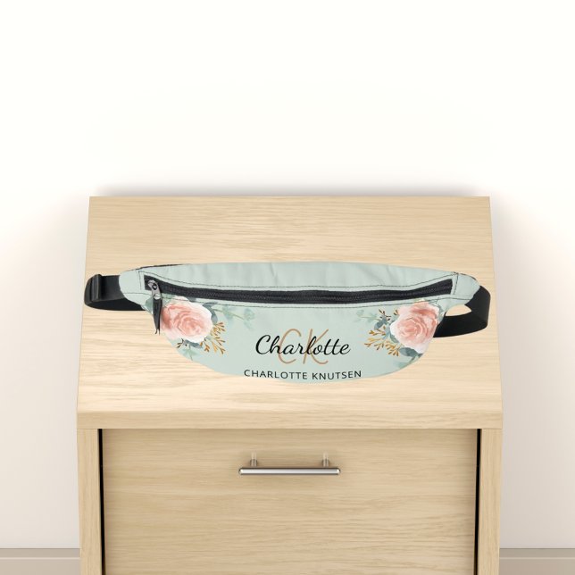 Beige rose gold floral green name monogram fanny pack (Creator Uploaded)