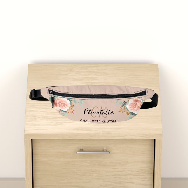 Beige rose gold floral greenery name monogram fanny pack (Creator Uploaded)