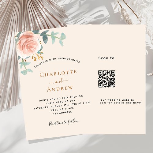 Beige rose gold floral QR code RSVP wedding Invitation