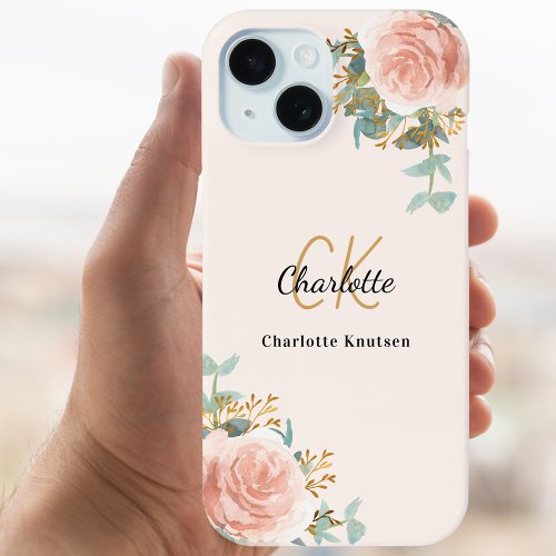 Beige rose gold florals monogram elegant iPhone 15 case