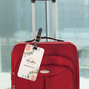 Beige rose gold florals monogram elegant luggage tag