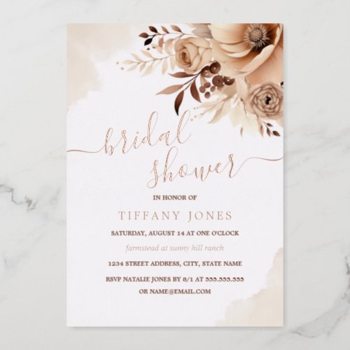 Beige ROSE GOLD FOIL Boho Floral Bridal Shower   Foil Invitation