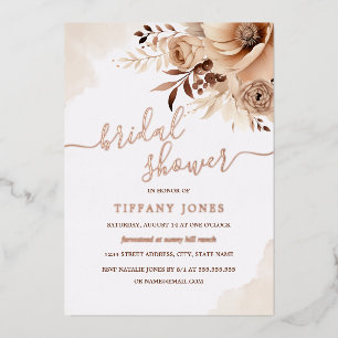 Beige ROSE GOLD FOIL Boho Floral Bridal Shower   Invitation