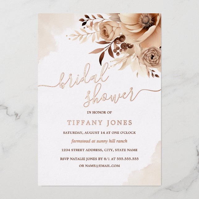 Beige ROSE GOLD FOIL Boho Floral Bridal Shower   Invitation (Front)