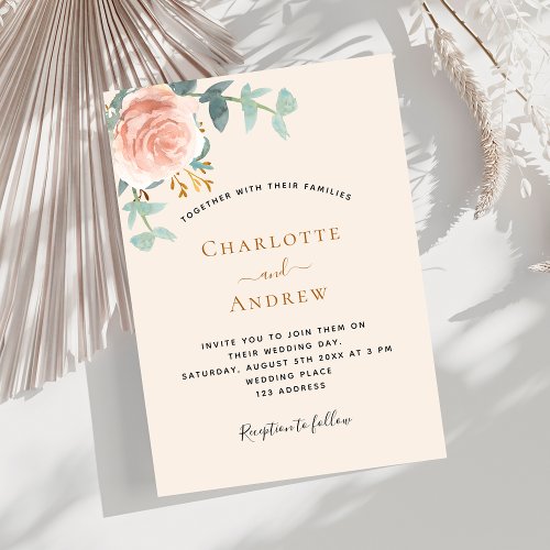 Beige rose gold greenery luxury wedding invitation