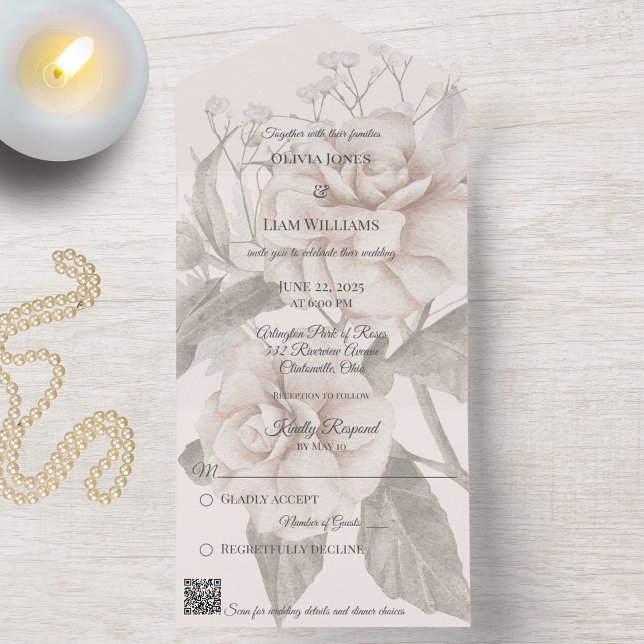 Beige Rose Silhouette QR Code  All In One Invitation (Creator Uploaded)