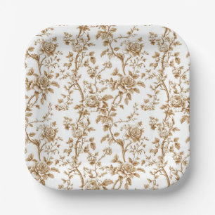 Beige Rose Vine Toile Garden Party Paper Plates