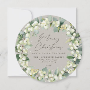 Beige Round Snowberry+Eucalyptus Christmas Wreath Holiday Card
