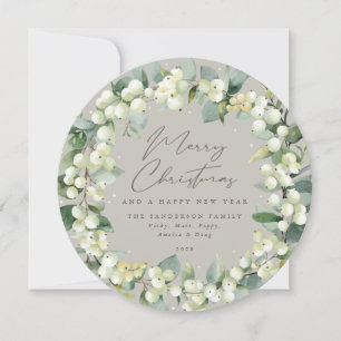 Beige Round Snowberry+Eucalyptus Christmas Wreath Holiday Card