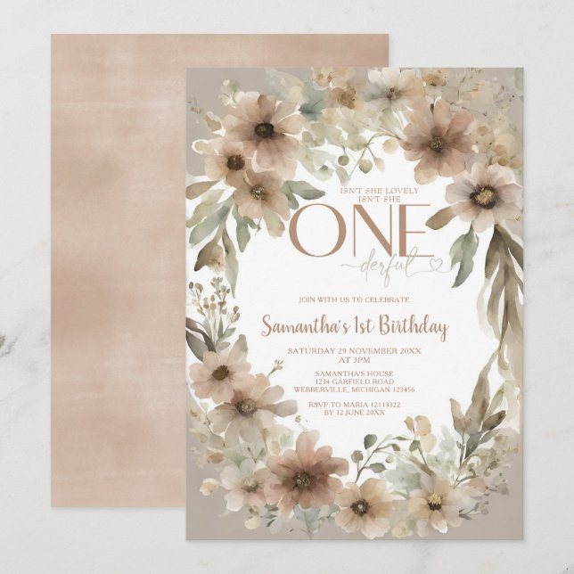 Beige Rustic Floral Isn't She Onederful Birthday Invitation (Front/Back)
