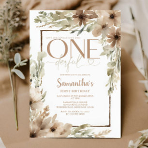Beige Rustic Floral Isn't She Onederful Birthday Invitation