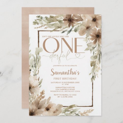 Beige Rustic Floral Isnt She Onederful Birthday Invitation
