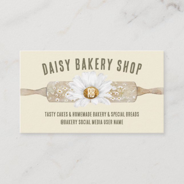 Beige Rustic Style Daisy Flower Bakery Business Card (Front)