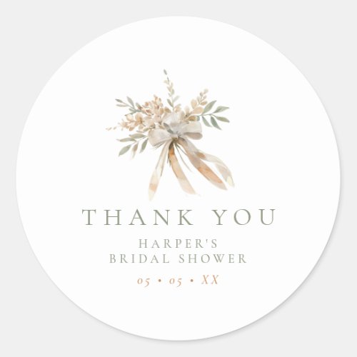 Beige  Sage Flowers  Bow Bridal Shower Thank You Classic Round Sticker