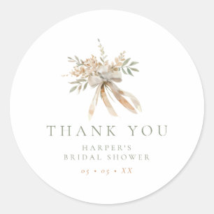 Beige & Sage Flowers & Bow Bridal Shower Thank You Classic Round Sticker