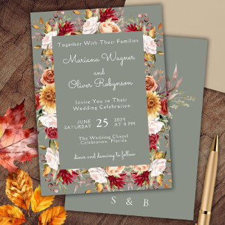 Beige Sage Green Fall Floral Wedding Invitation
