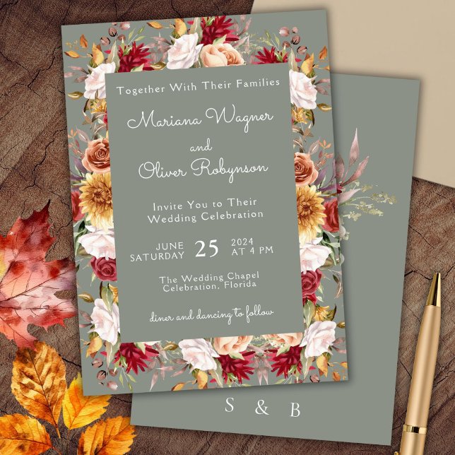 Beige Sage Green Fall Floral Wedding Invitation (Creator Uploaded)