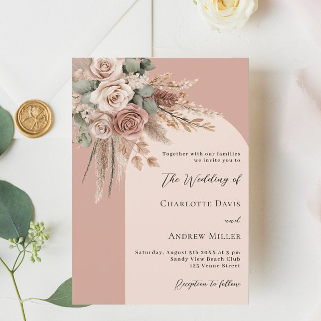 Beige sage green roses pampas arch wedding invitation (Creator Uploaded)