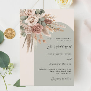 Beige sage green roses pampas grass arch wedding invitation
