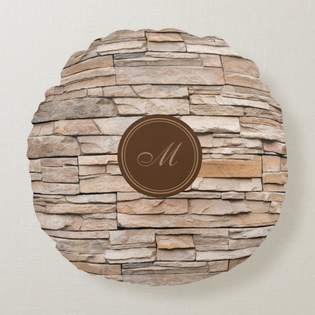 Beige Sandstone Monogram Round Pillow (Front)