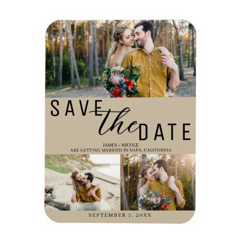 Beige Save the Date Wedding 3 Photos Magnet
